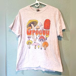 Mushrooms T Shirt Groovy Logo Hippie Ladies Large Gray Graphic Tee Short Sleeve